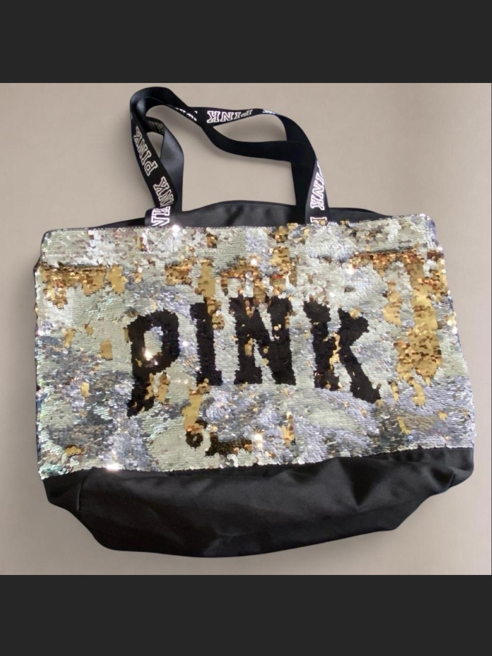 PINK Victoria's Secret Reversible Sequin Tote in Silver & Gold with Black Logo